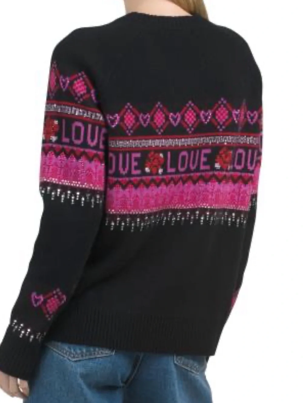 Johnny Was Black & Pink 'LOVE' Fairisle Pullover Wool and Cashmere Sweater